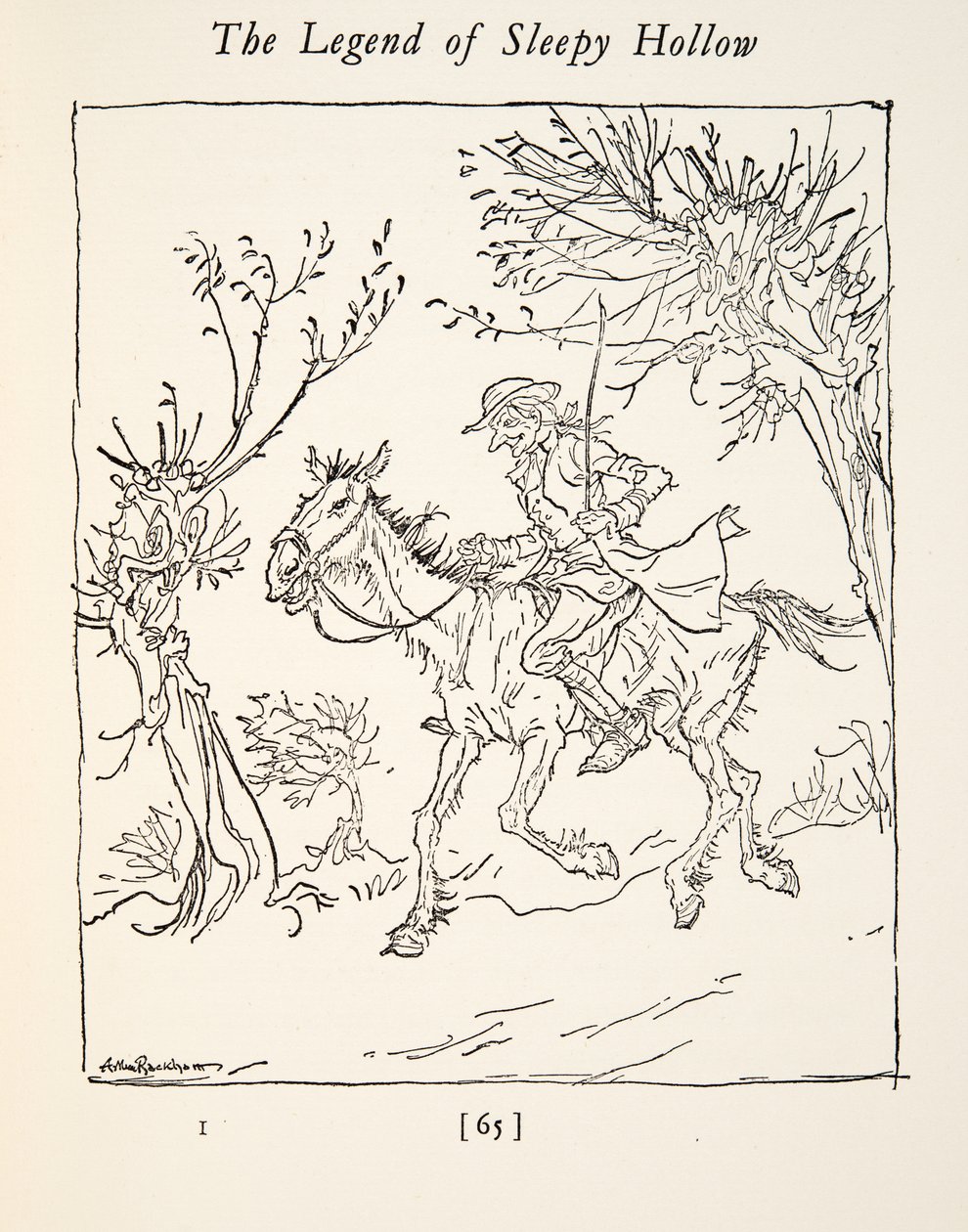 Ichabod Crane flygter fra den hovedløse rytter, fra The Legend of Sleepy Hollow af Washington Irving (1783 - 1859), pub. 1928 af Arthur Rackham