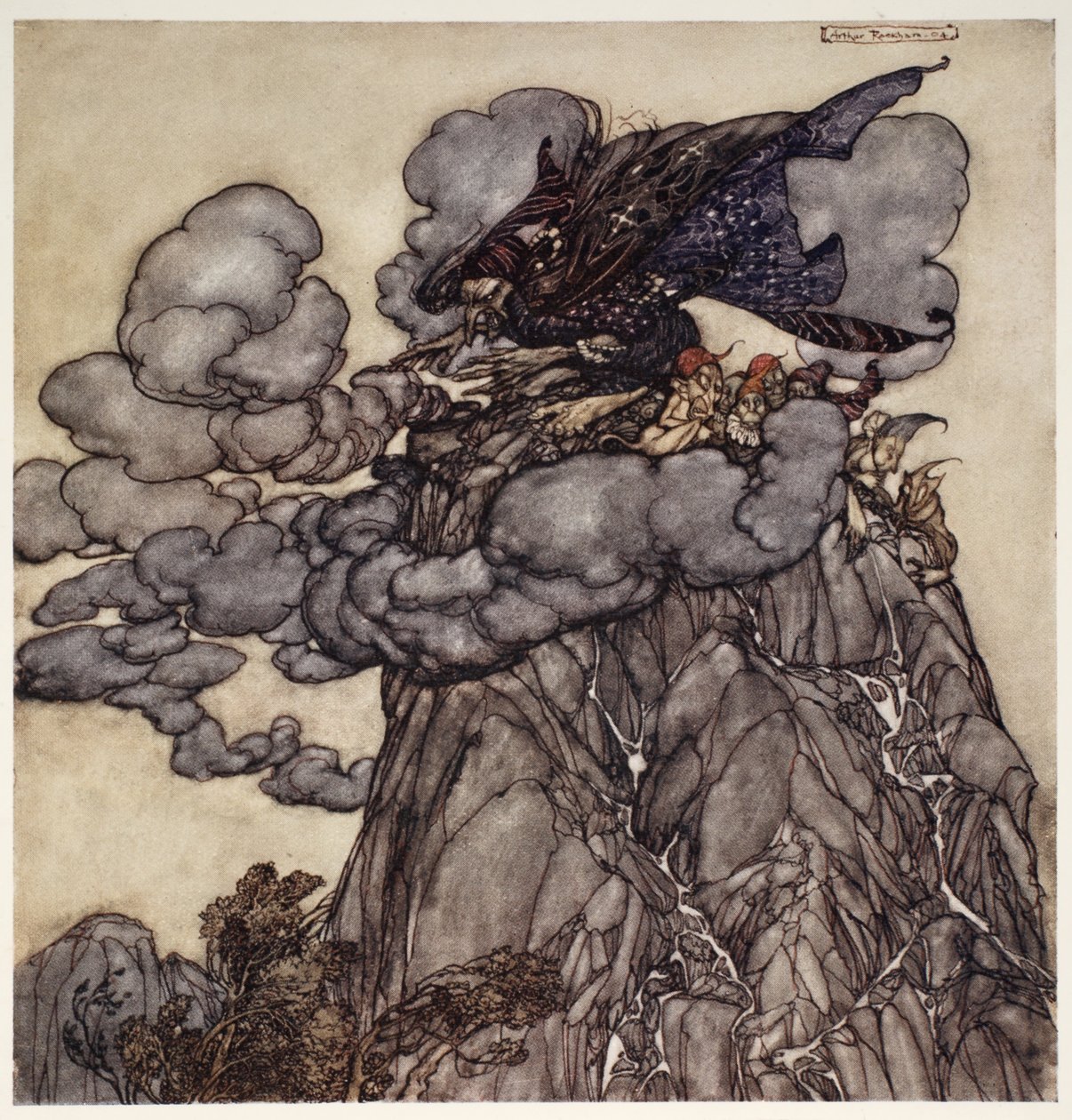 Hvis hun var misfornøjet, ville hun brygge skyer op, sorte som blæk, siddende midt imellem dem som en edderkop med flasker midt i sit spind; da disse skyer brød, ve dalene!, fra Rip Van af Arthur Rackham