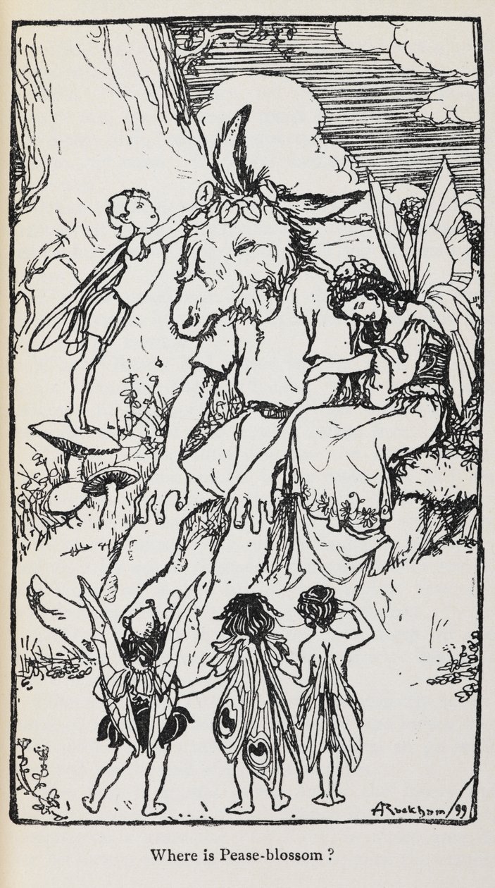 Illustration fra En skærsommernatsdrøm med feer og en mand med røvhoved. af Arthur Rackham