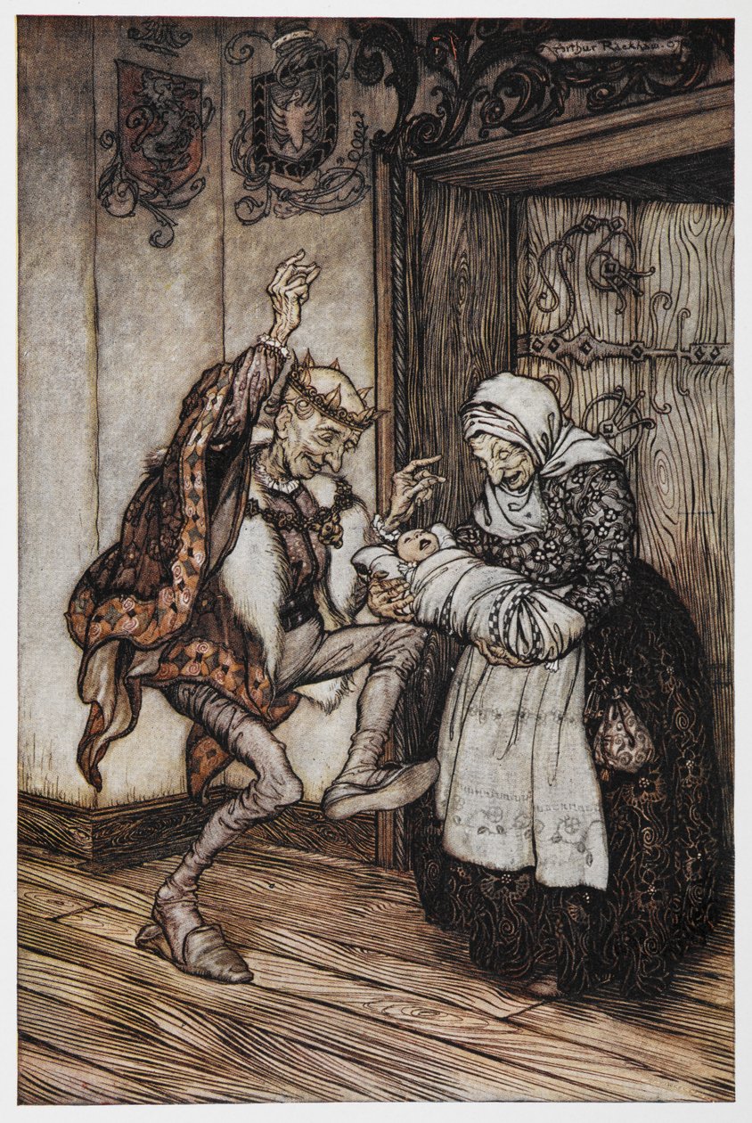 Illustration fra Briar Rose af en ældre konger og dronning og deres baby. af Arthur Rackham