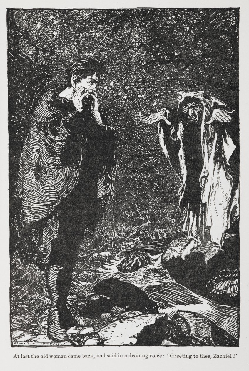 Illustration fra Jorinda og Joringel af Zachiel og den gamle kvinde. af Arthur Rackham