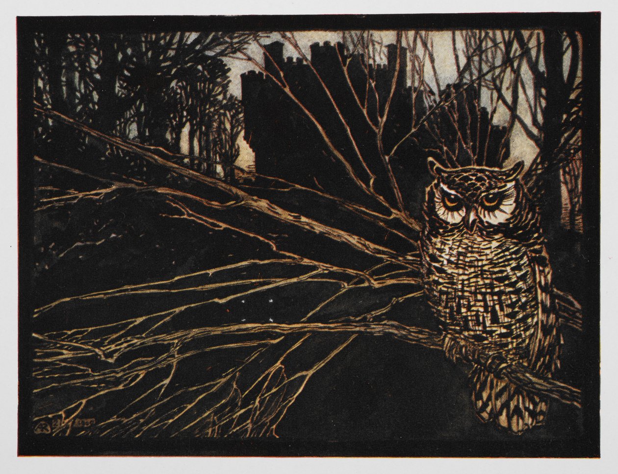 Illustration fra Jorinda og Joringel af en skrigende ugle. af Arthur Rackham