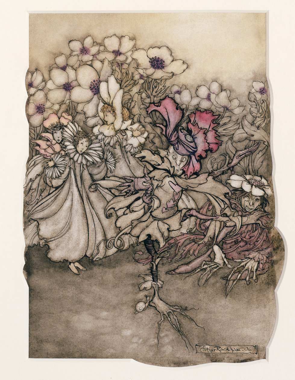 Illustration fra Peter Pan i Kensington Gardens af J.M. Barrie (1860-1937) 1906 (pen & blæk med wc på papir) af Arthur Rackham