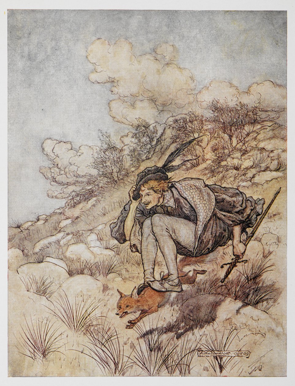 Illustration fra Den gyldne fugl. En prins rider på en ræv. af Arthur Rackham