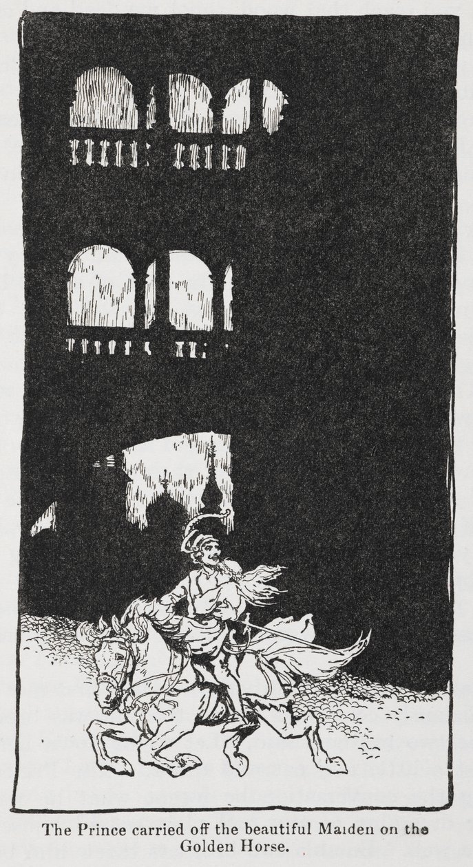 Illustration fra Den gyldne fugl, når prinsen bærer jomfruen af sted til hest. af Arthur Rackham