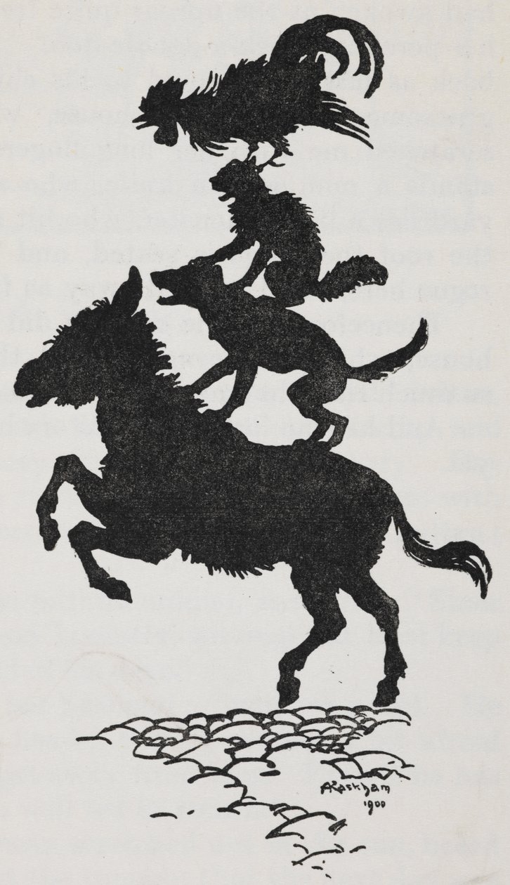Illustration fra Bremen bymusikanter af en røv, hund, kat og hane. af Arthur Rackham