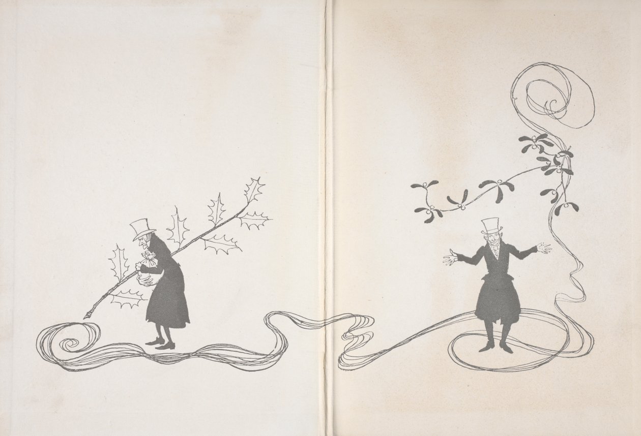 Illustration af Joakim. På den ene side er han afbildet af en kvist af kristtorn, der griber en pose penge og ser vred ud. På den anden side er han afbildet med en kvist mistelten, der ser glad ud. af Arthur Rackham