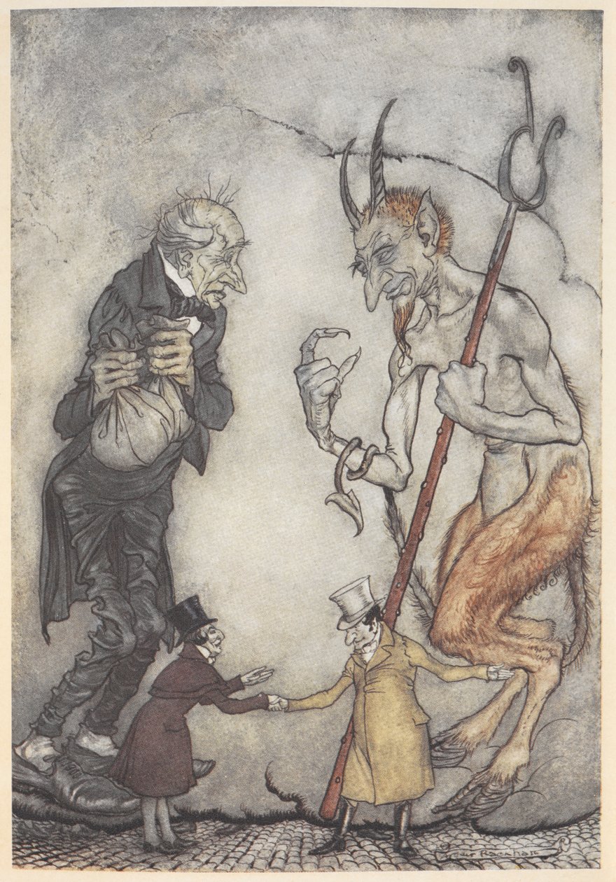 Illustration af Joakim og djævelen vil to små mænd under dem af Arthur Rackham