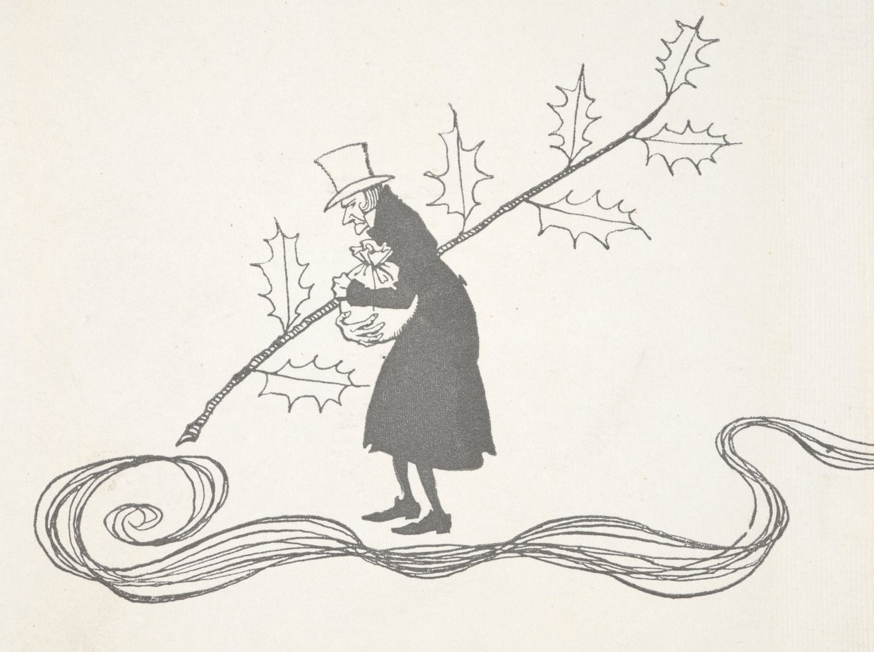 Illustration af Joakim, afbildet af en kvist af kristtorn, der griber en pose penge og ser vred ud. af Arthur Rackham