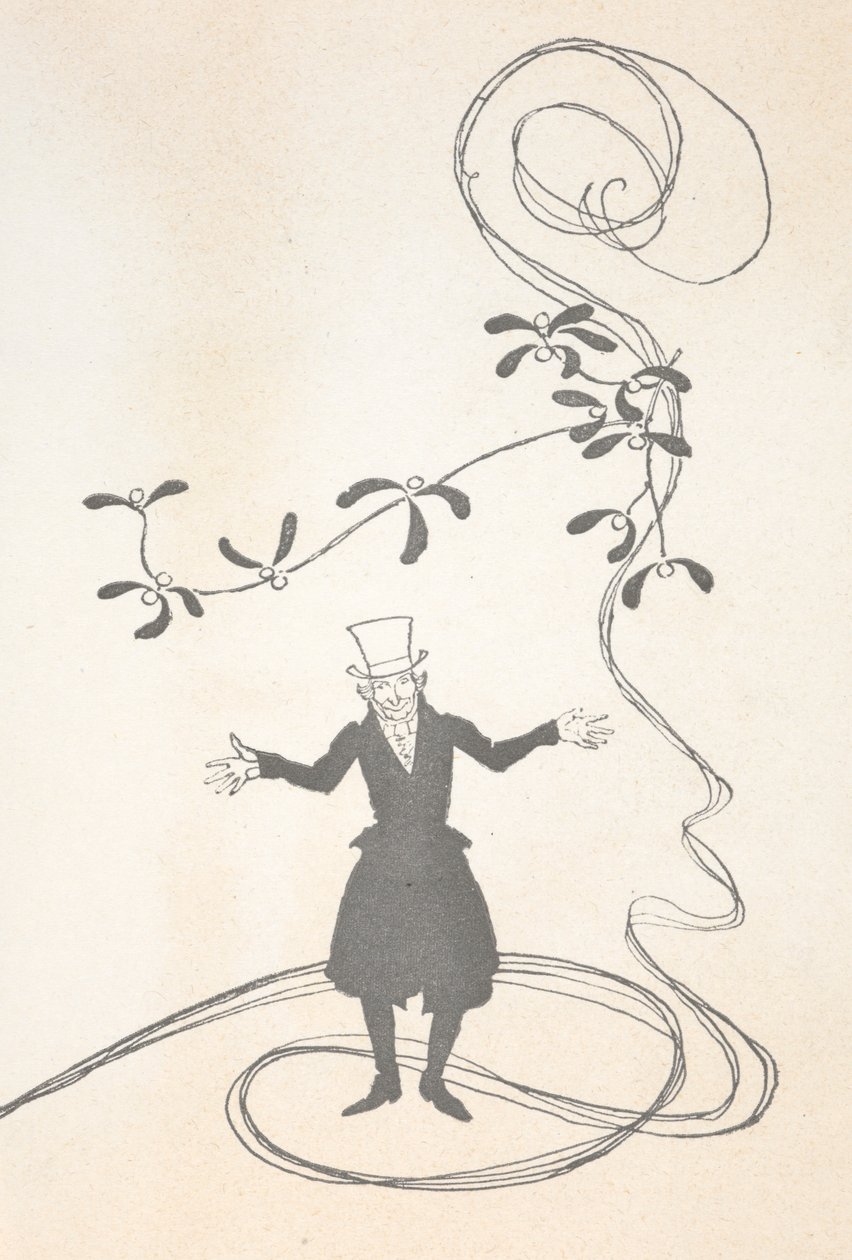 Illustration af Joakim, afbildet med en kvist mistelten, der ser glad ud. af Arthur Rackham