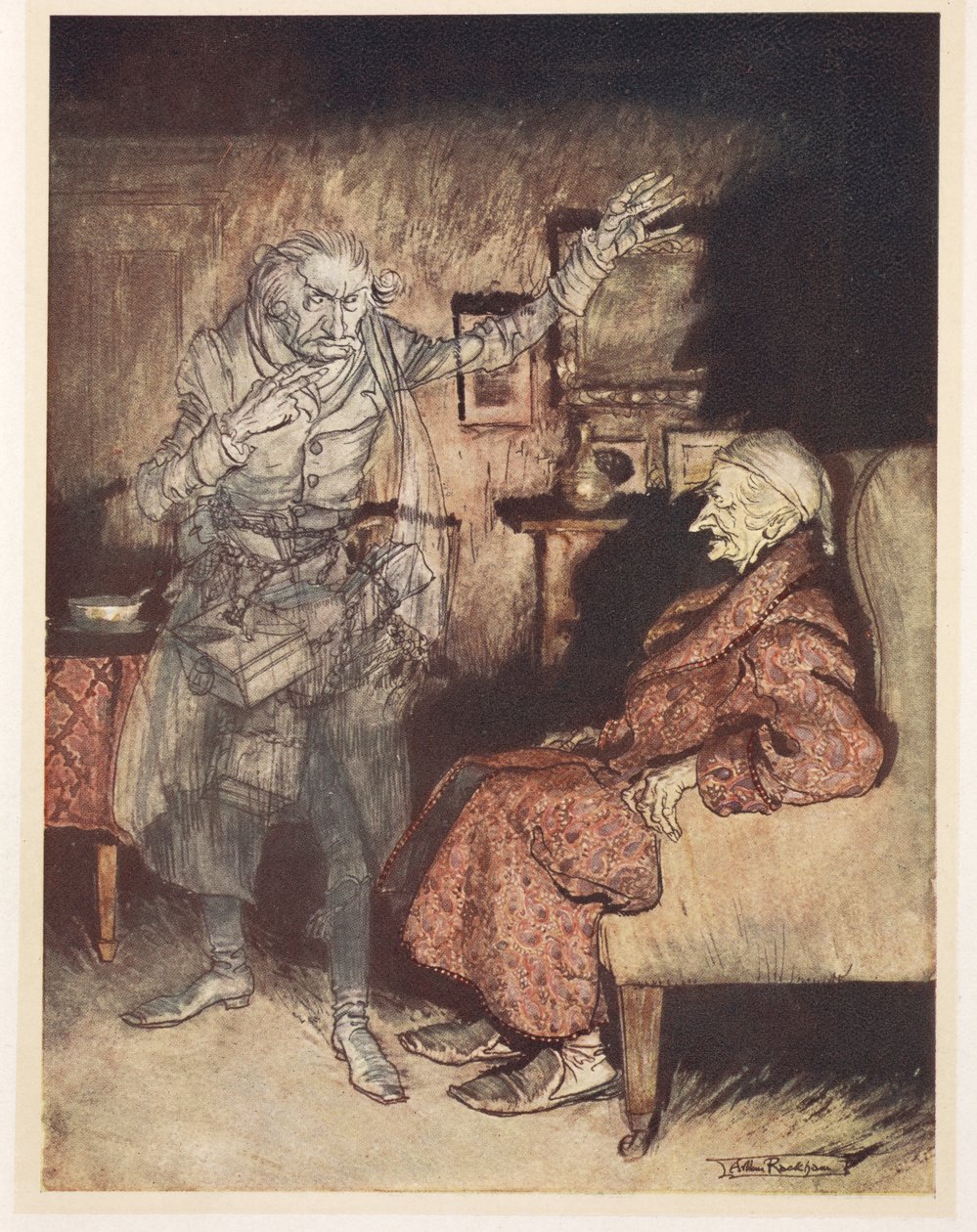 Illustration af Joakim med Ghost of Christmas Past af Arthur Rackham