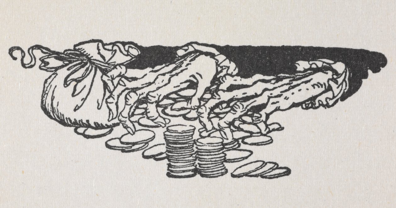 Illustration af Joakims hænder, der tæller penge af Arthur Rackham