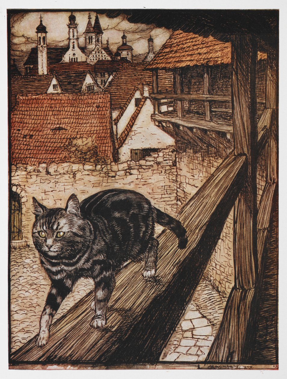 Illustration af en kat, der går langs et hegn fra Katten og musen i partnerskab. af Arthur Rackham