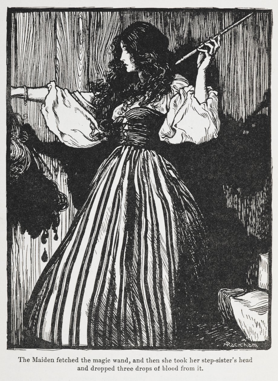 Illustration af en pige i en stribet kjole fra Sweetheart Roland. af Arthur Rackham