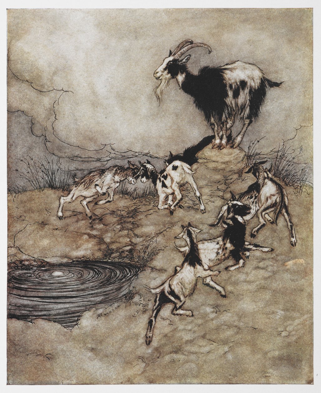 Illustration af en ged og hendes unge børn, der leger fra Ulven og de syv børn. af Arthur Rackham