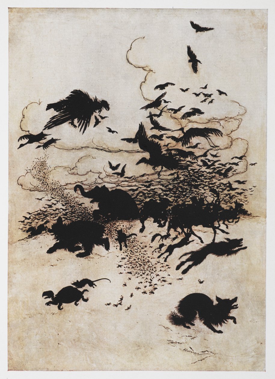Illustration af et stormløb af dyr fra Wren and the Bear. af Arthur Rackham