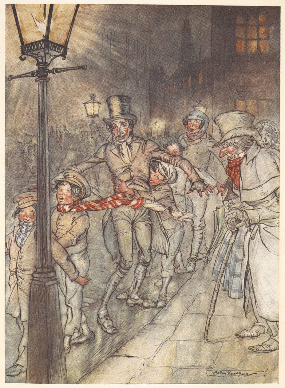 Illustration af et gadebillede juleaften med Bob Cratchit og børn. af Arthur Rackham