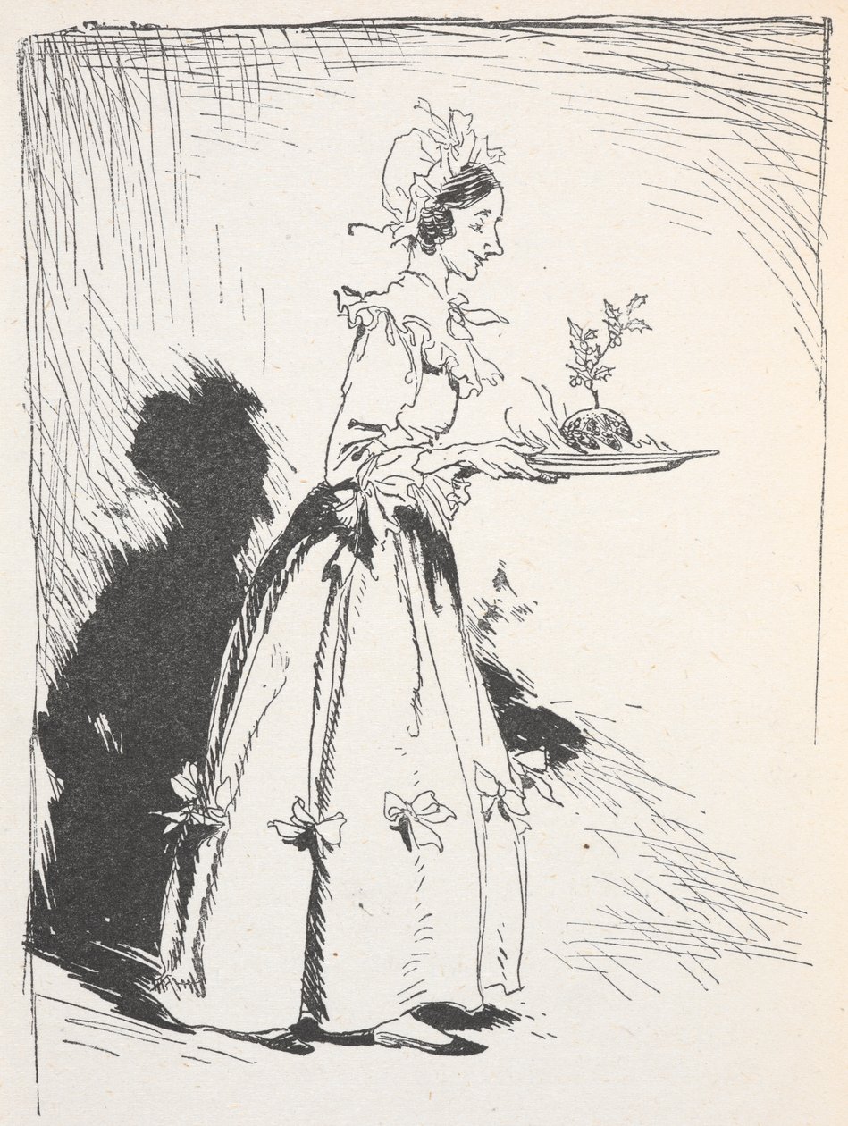 Illustration af en kvinde, der bærer en julebudding af Arthur Rackham