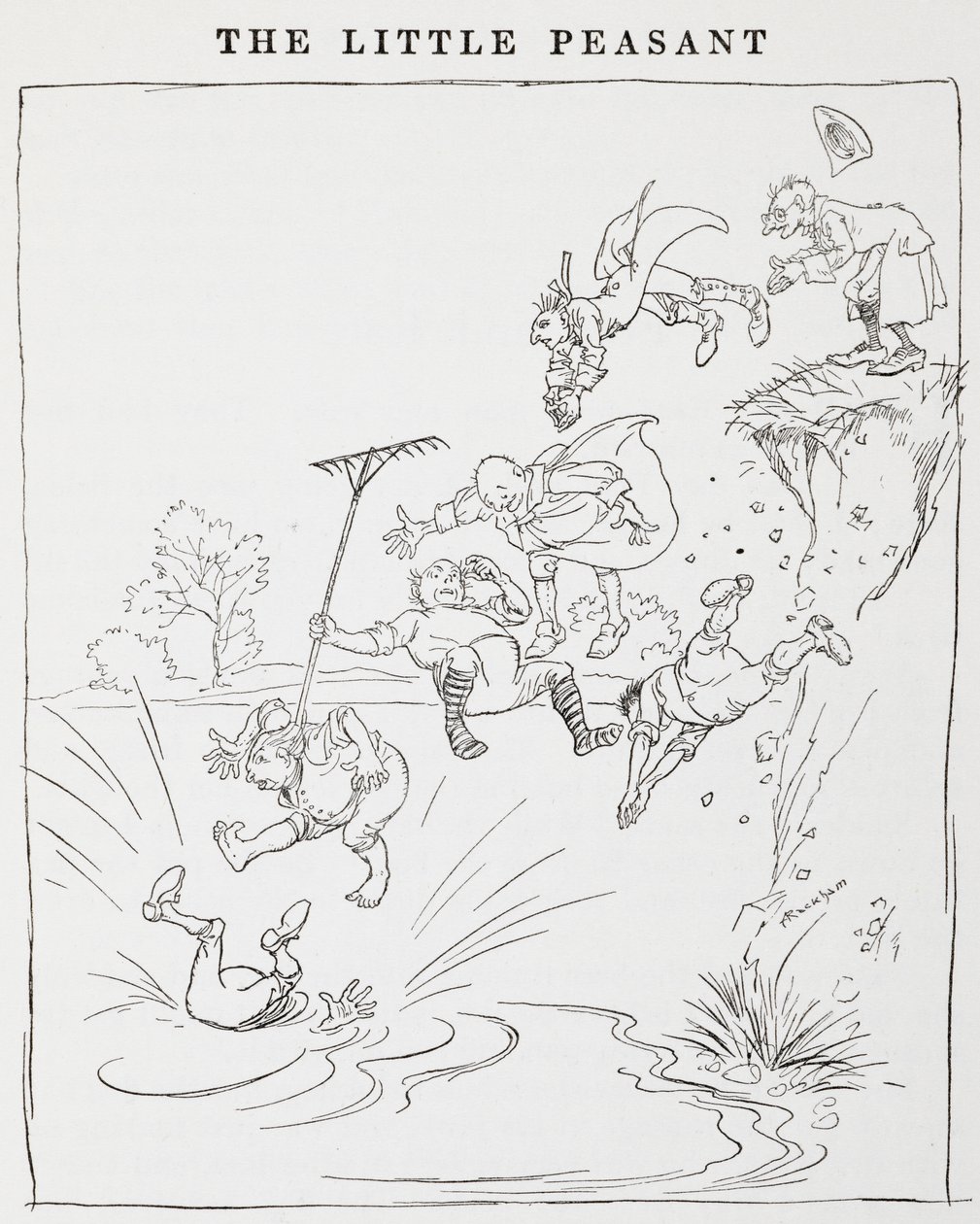 Illustration af mænd, der hopper fra en klippe ned i en dam fra The Little Peasants. af Arthur Rackham