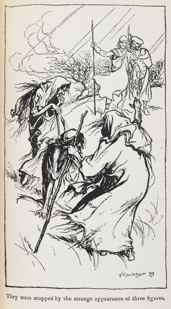 Illustration af de tre hekse, Macbeth og Banquo. af Arthur Rackham
