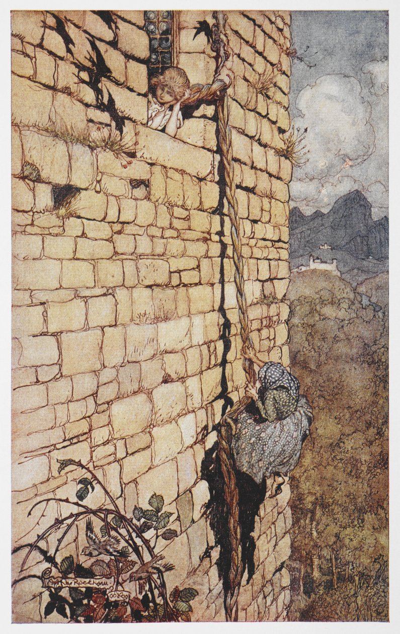 Illustration af heksen, der klatrer op i Rapunzels hår. af Arthur Rackham