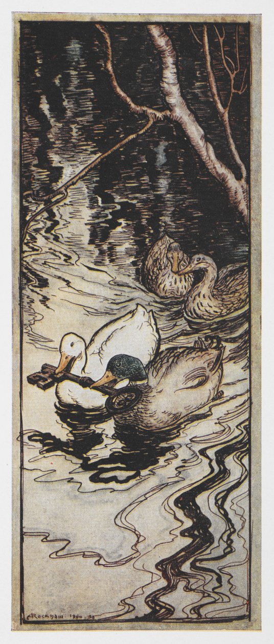 Illustration af to ænder med en nøgle fra The Queen Bee. af Arthur Rackham