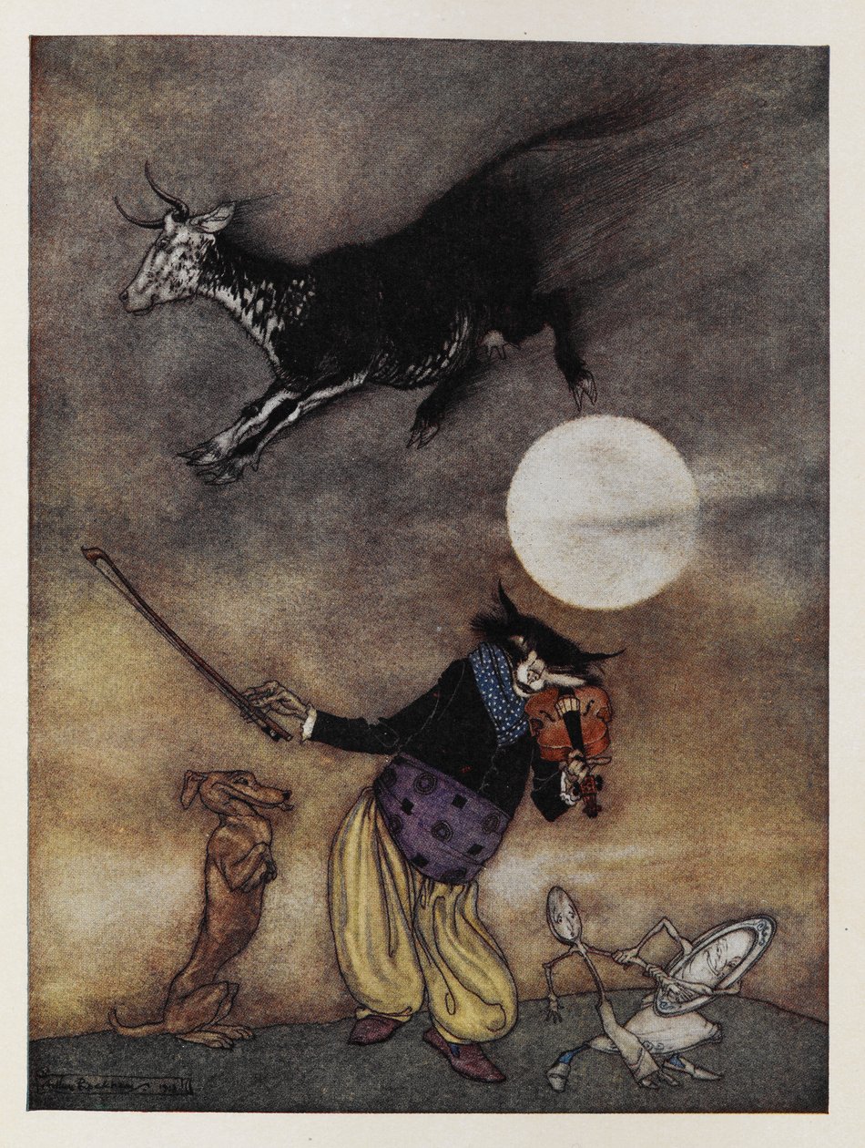 Illustration til et børnerim. En ko hopper over Månen. En kat, der spiller violin. En hund. En ret, der løber væk med en ske. af Arthur Rackham