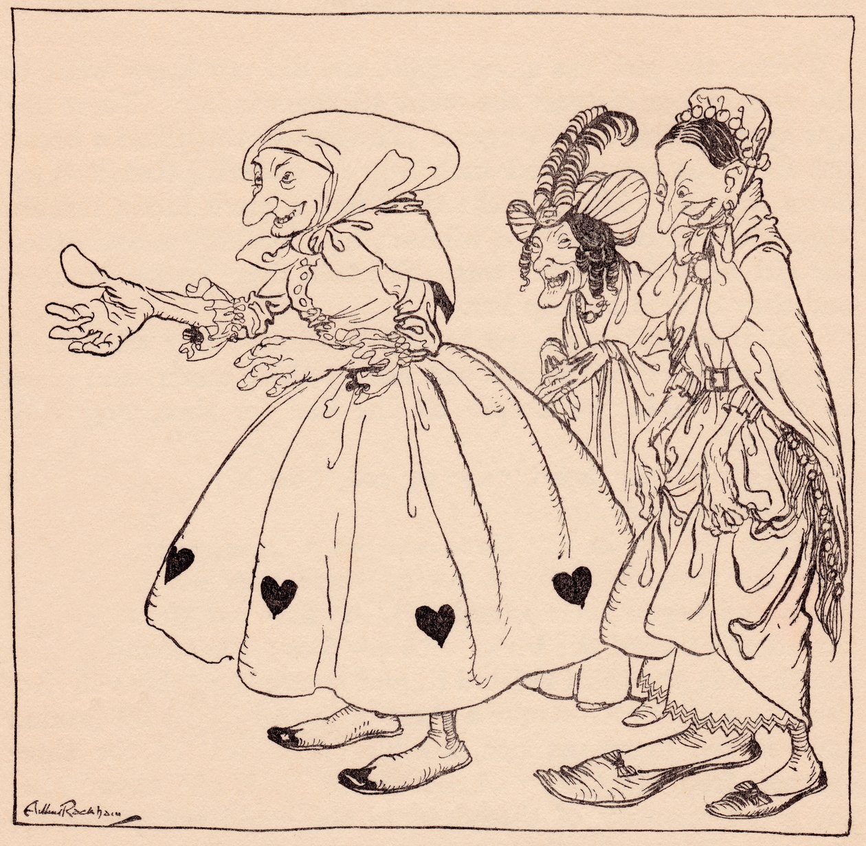 Ind kom de tre kvinder, der var klædt på den mest frække mode. Illustration af Arthur Rackham fra Grimm