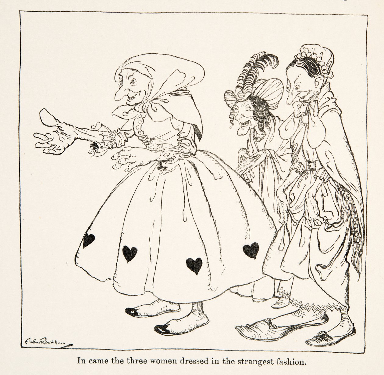 Ind kom de tre kvinder klædt på den mærkeligste måde, fra Little Brother & Little Sister and Other Tales af brødrene Grimm, pub.1917 (litho) af Arthur Rackham