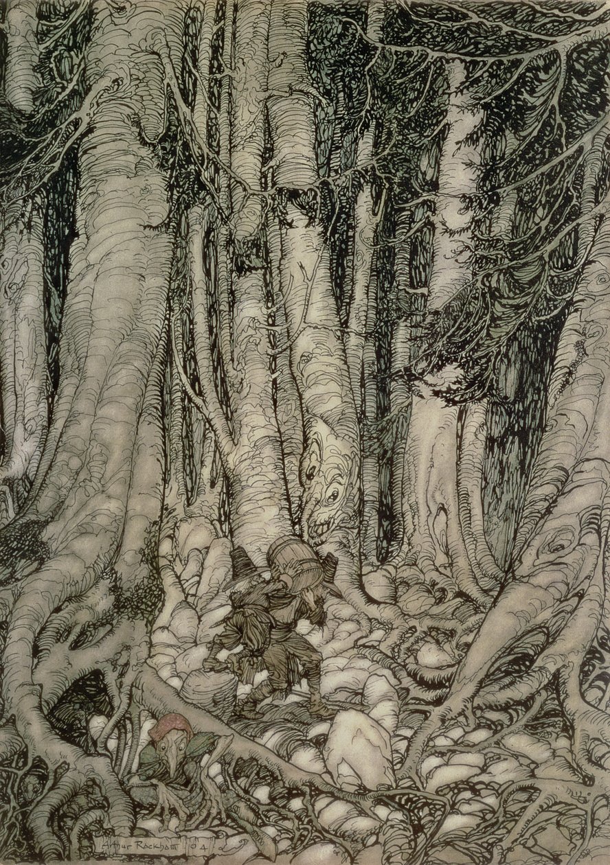 In the Forest with a Barrel fra Rip Van Winkle skrevet af Washington Irving (1783-1859), 1905 af Arthur Rackham