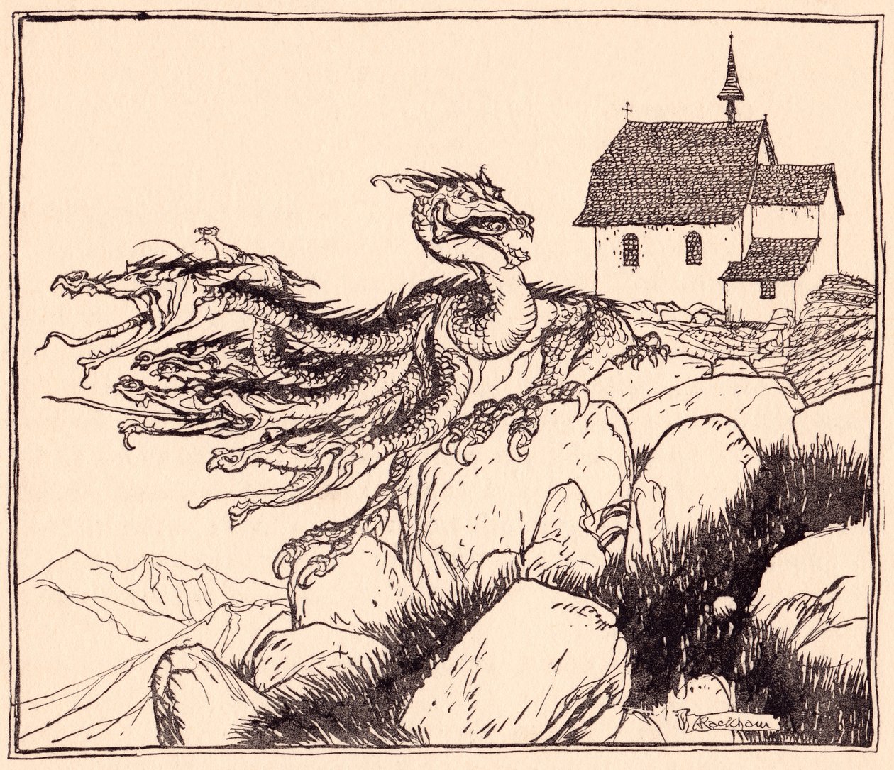 Det varede ikke længe, før den syvhovedede drage kom, højlydt brølende. Illustration af Arthur Rackham fra Grimm