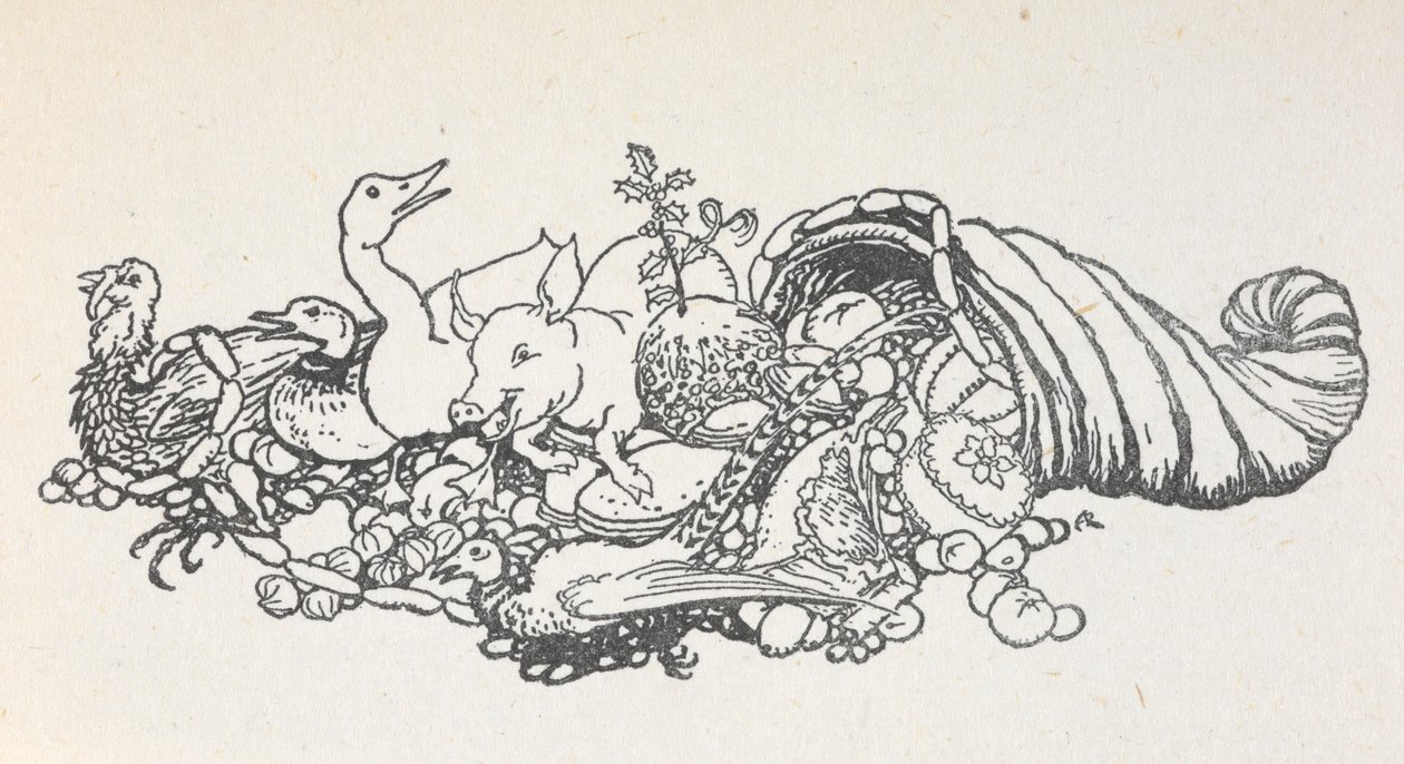 Genstande fra et julegilde, der vælter ud fra en hornform. Varerne inkluderer en julebudding, pølser, en kalkun, en gris, en and, en fasan, en tærte og frugter. af Arthur Rackham