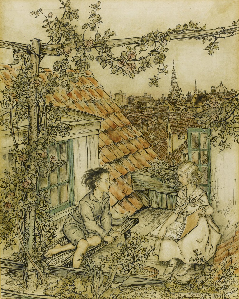 Kay og Gerda i deres have højt oppe på taget. Illustration til fortællingen om Snedronningen, 18 af Arthur Rackham