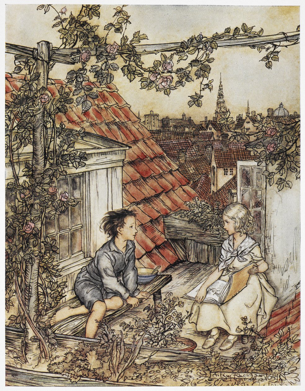 "Kay og Gerda i deres have højt oppe på taget". To børn sidder på taget af et hus. Illustration til "den lille pige og den lille dreng". af Arthur Rackham
