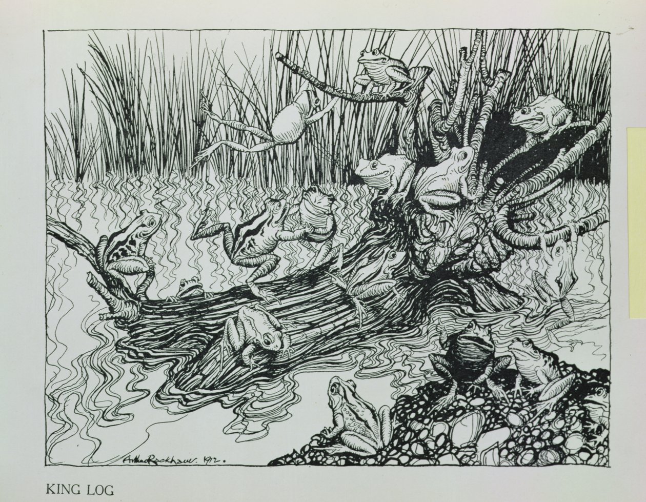 Kong Log, illustration fra "Æsops fabler", udgivet af Heinemann, 1912 af Arthur Rackham