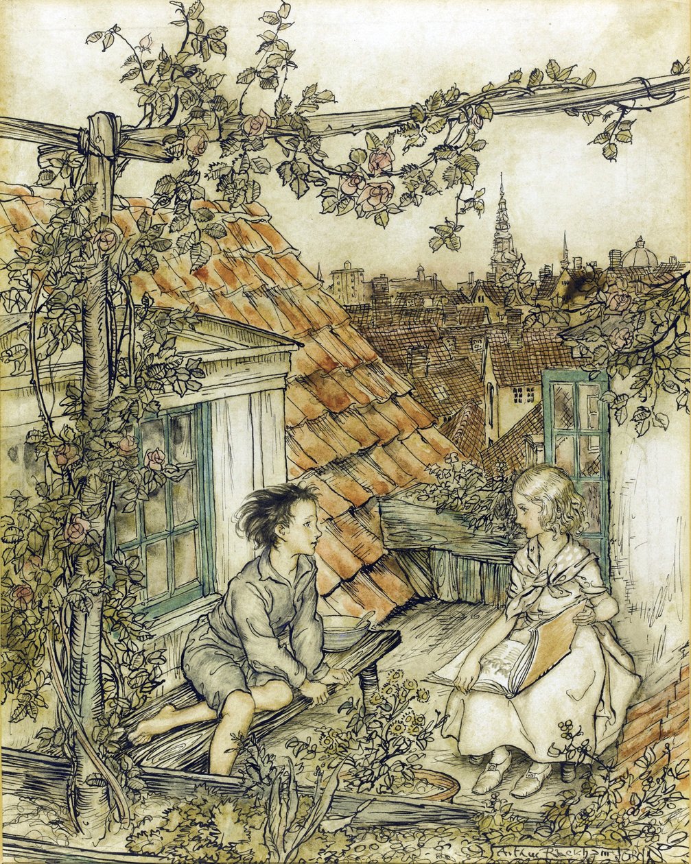 La Reine des neiges - Kay og Gerda i deres have højt oppe på taget. Illustration til historien om Snedronningen af Rackham, Arthur (1867-1939) af Arthur Rackham