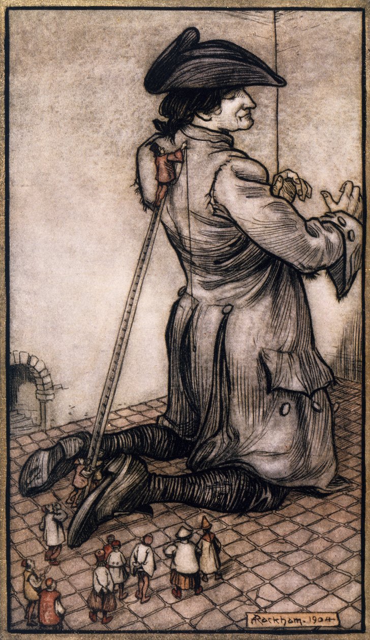 Lilliputske skræddere måler Gulliver for at lave ham et nyt jakkesæt, illustration af Arthur Rackham (1867-1939) fra Gulliver
