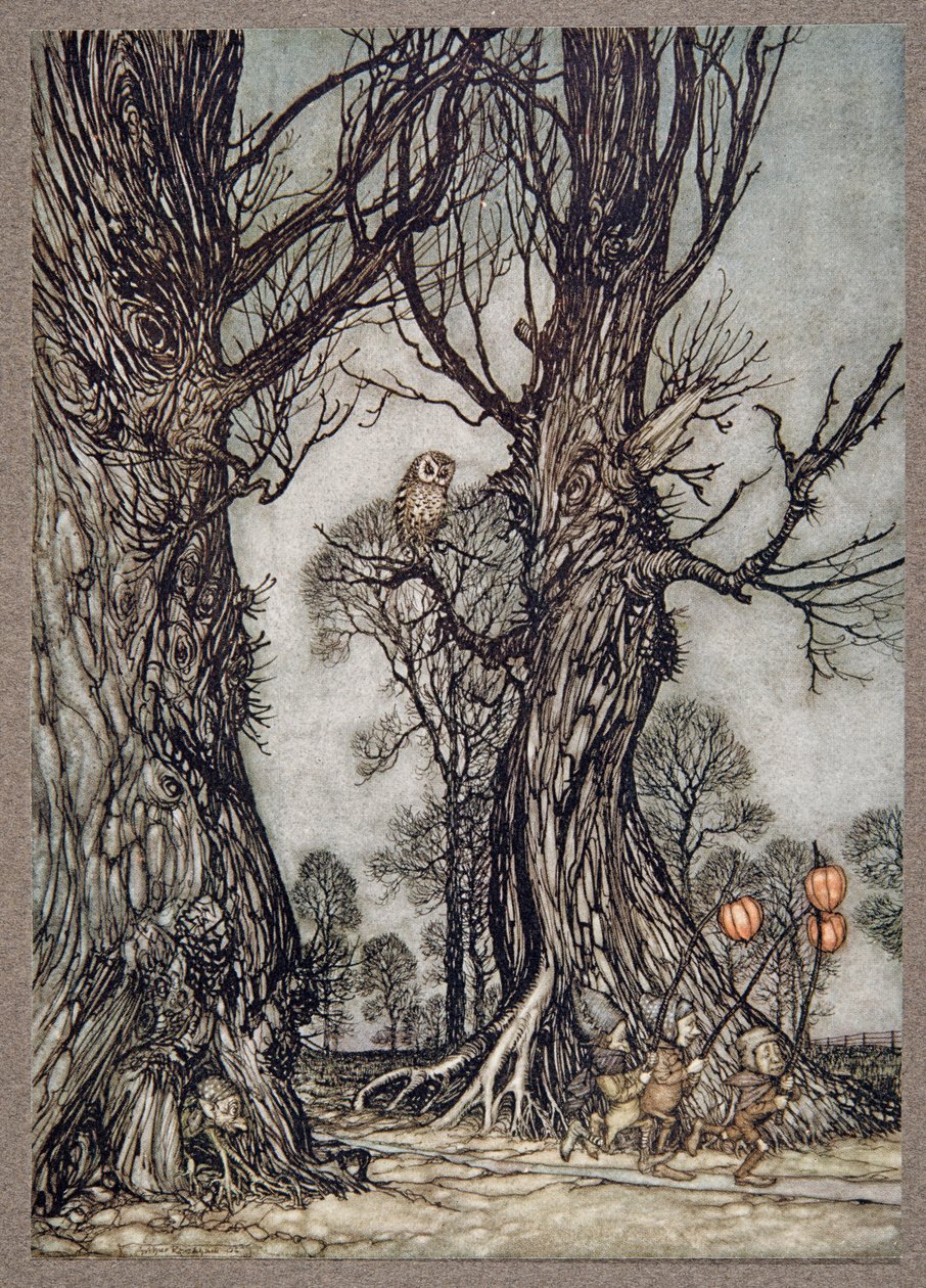 Linkmænd, der løber foran med vinterkirsebær, fra Peter Pan i Kensington Gardens af J M Barrie (1860 - 1937), pub. 1906 af Arthur Rackham