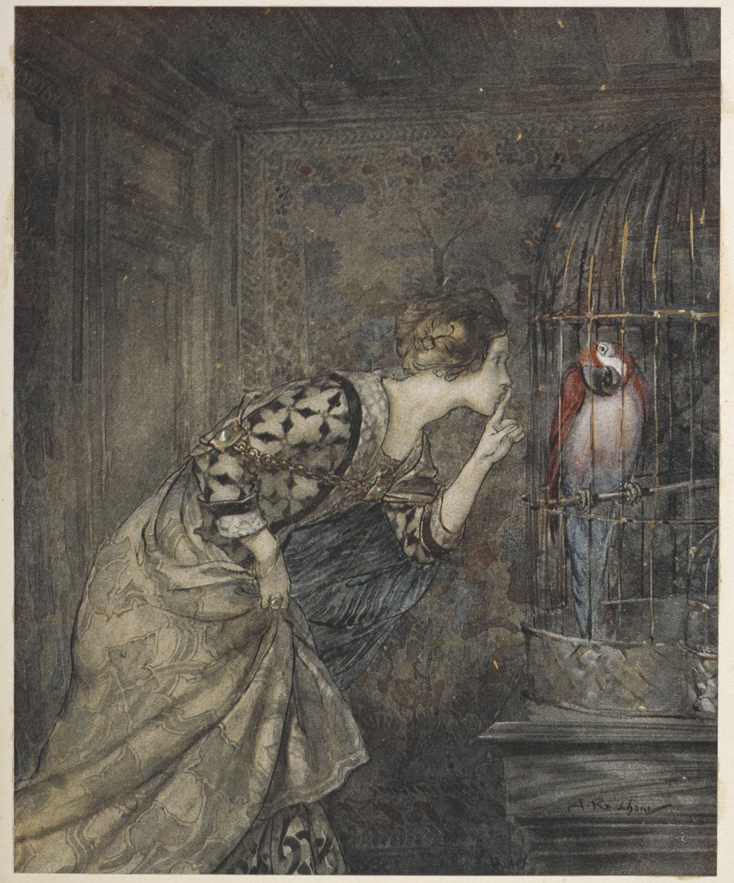 May Colvin og en papegøje i et bur. af Arthur Rackham