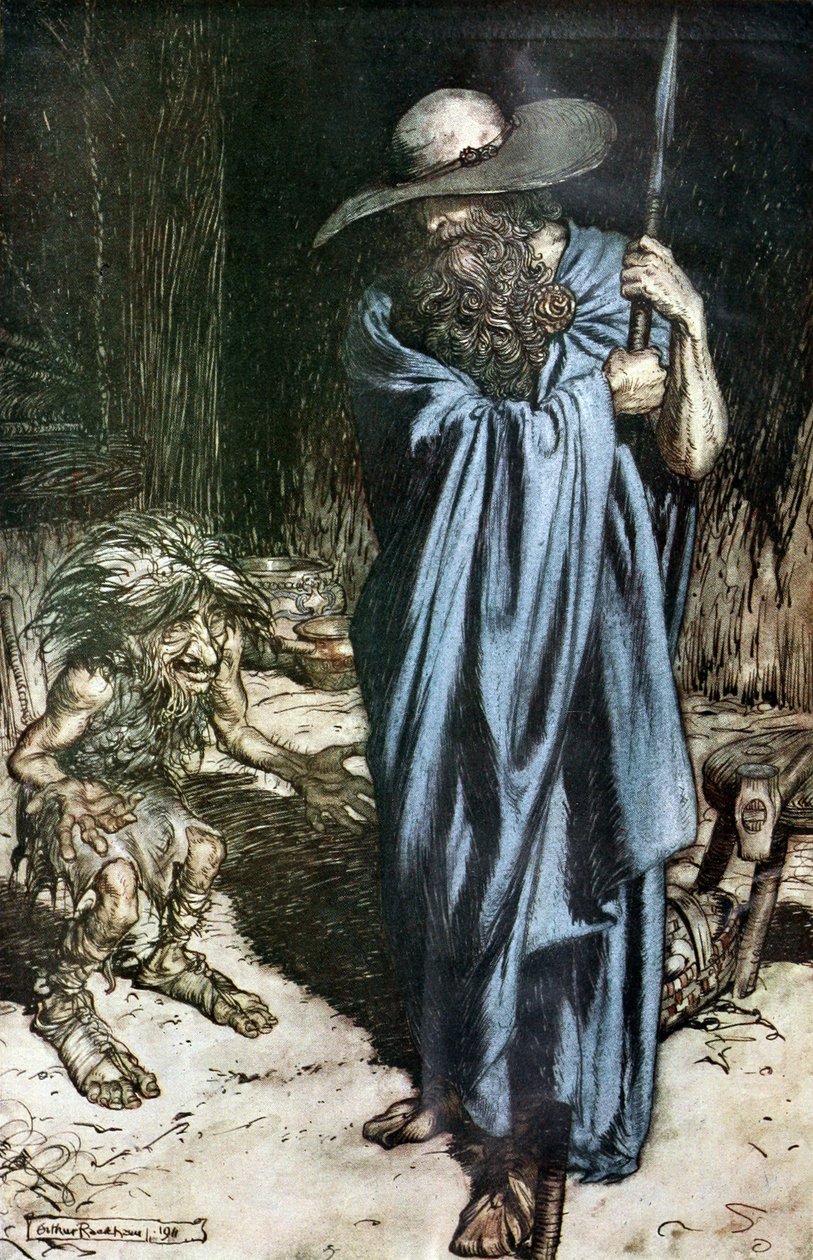 Mime og Vandreren. Illustration til Siegfried og The Twilight of the Gods af Richard Wagner, af Arthur Rackham