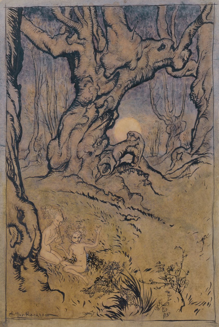 Moonlight Fairies in a Wood (pen og blæk, wc og gouache) af Arthur Rackham