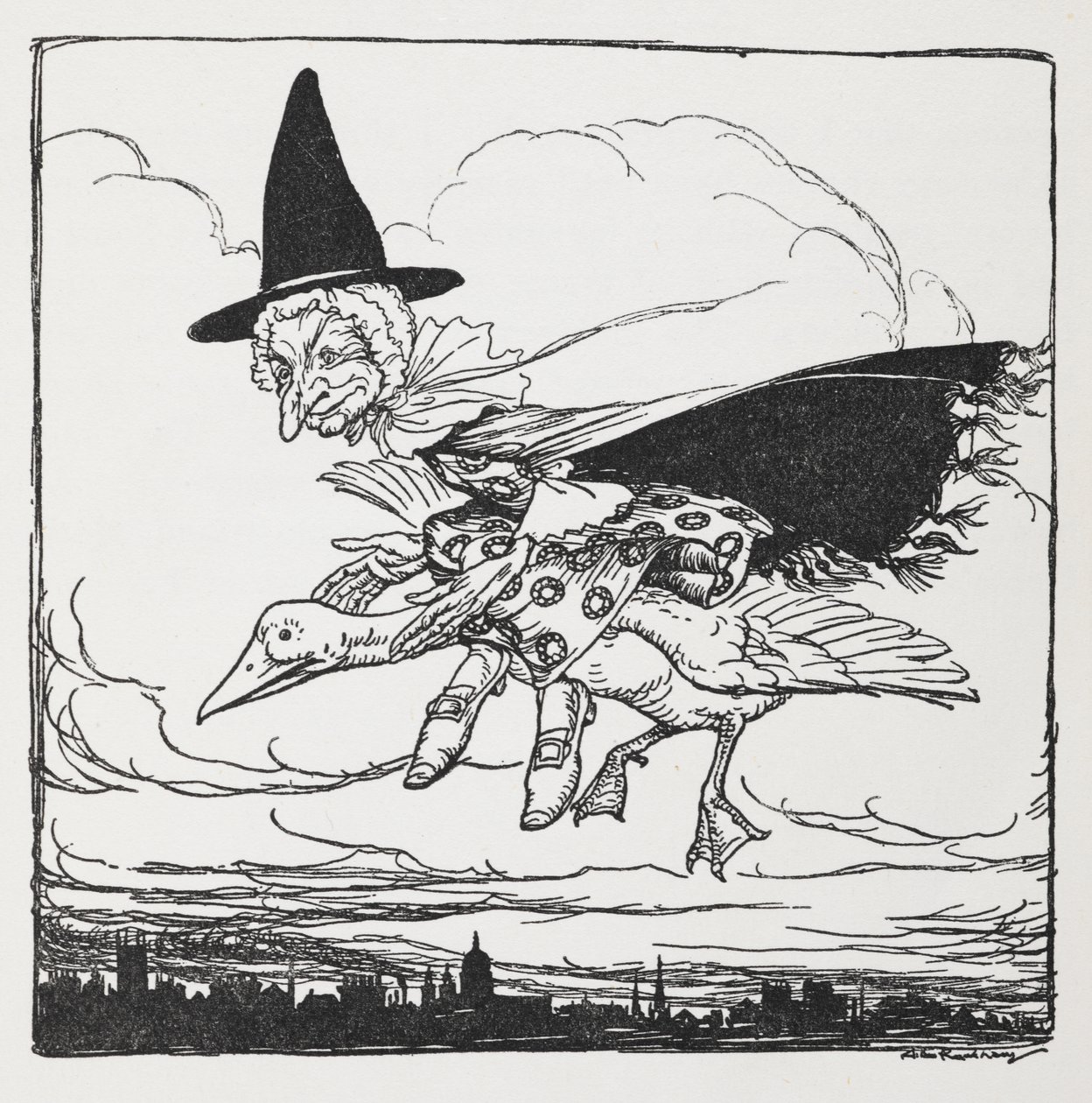 Gåsemor flyver på en gås. af Arthur Rackham
