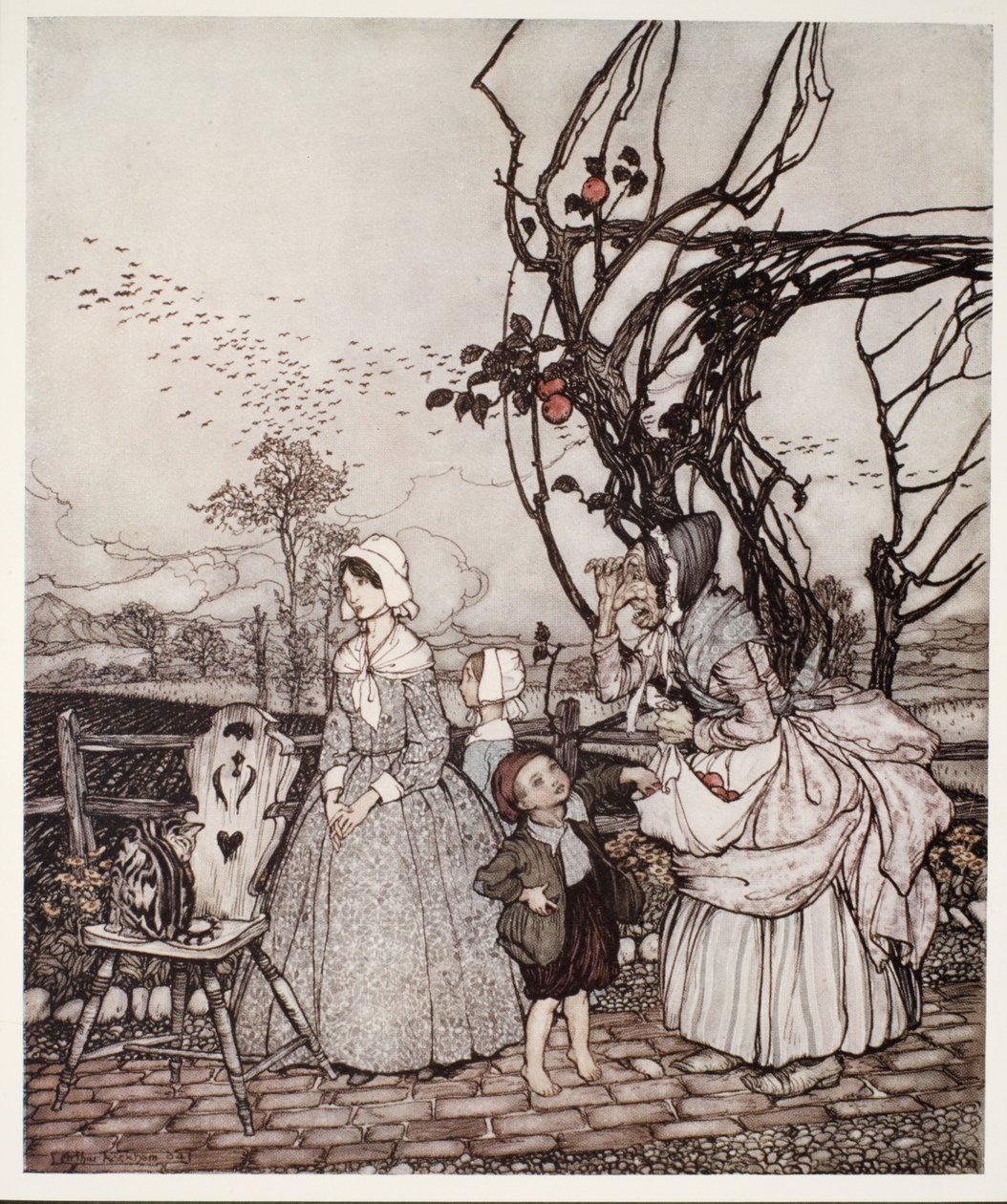 Mor og børn, der kommer tilbage fra at samle æbler, fra Rip Van Winkle af Washington Irving, pub. 1910 af Arthur Rackham