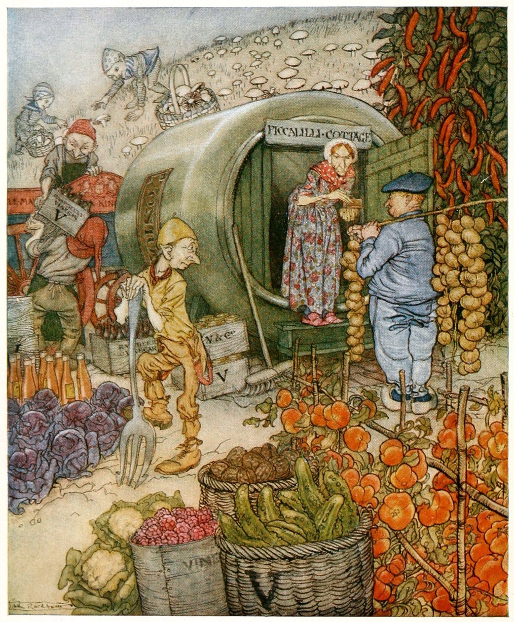Mr og Mrs Eddike hjemme, Frontispice fra engelske eventyr, pub. 1918 (farvelitografi) af Arthur Rackham