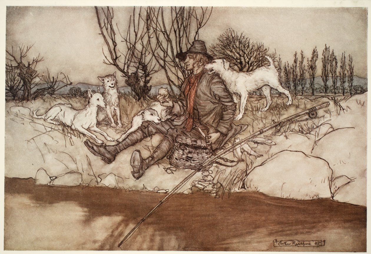 Ikke en hund ville gø ad ham i hele nabolaget., fra Rip Van Winkle af Washington Irving, pub. 1910 af Arthur Rackham