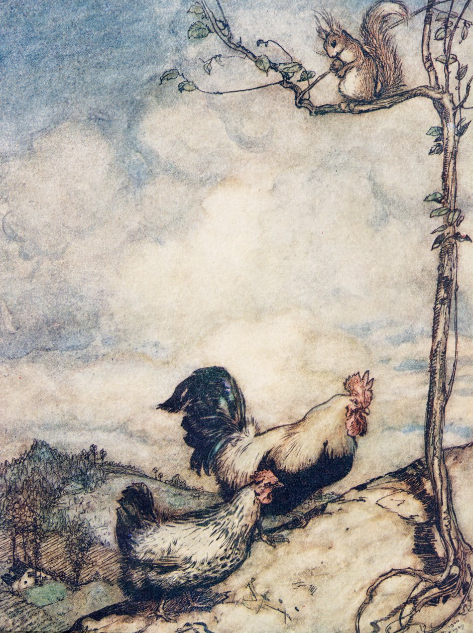 Nu skal vi op ad bakken og holde et godt festmåltid, inden egernet bærer alle nødderne af.., fra Brødrene Grimms eventyr, pub. 1909 af Arthur Rackham