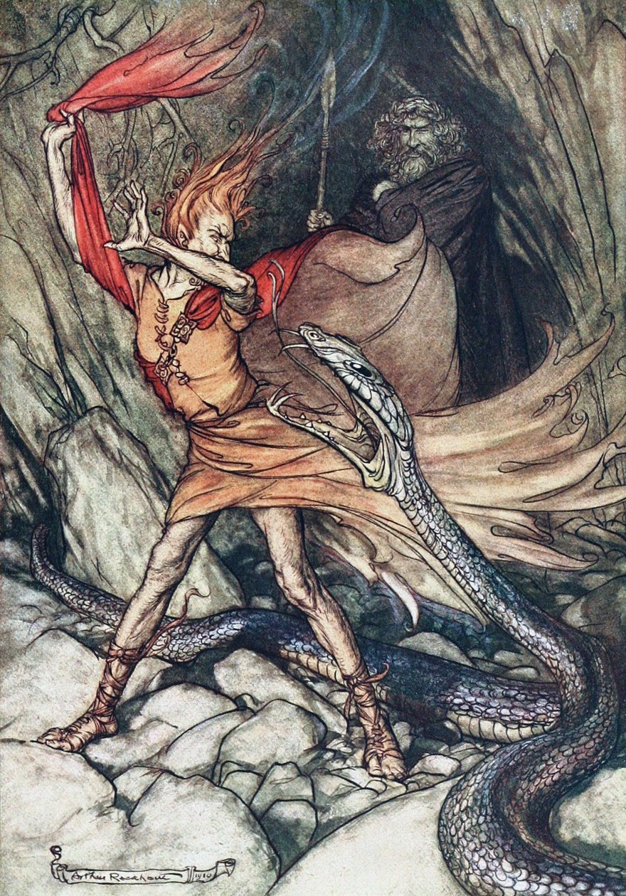 Åh! Åh! Frygtelig drage, åh, slug mig ikke! Illustration til Rhinegold og Valkyrien af af Arthur Rackham