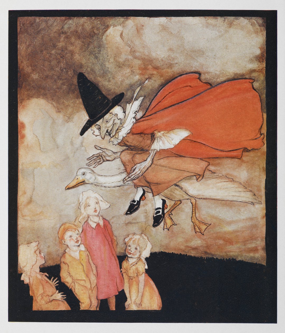 Gammelmor gåse, flyver over nogle børn i en rød kappe og sort hat. af Arthur Rackham