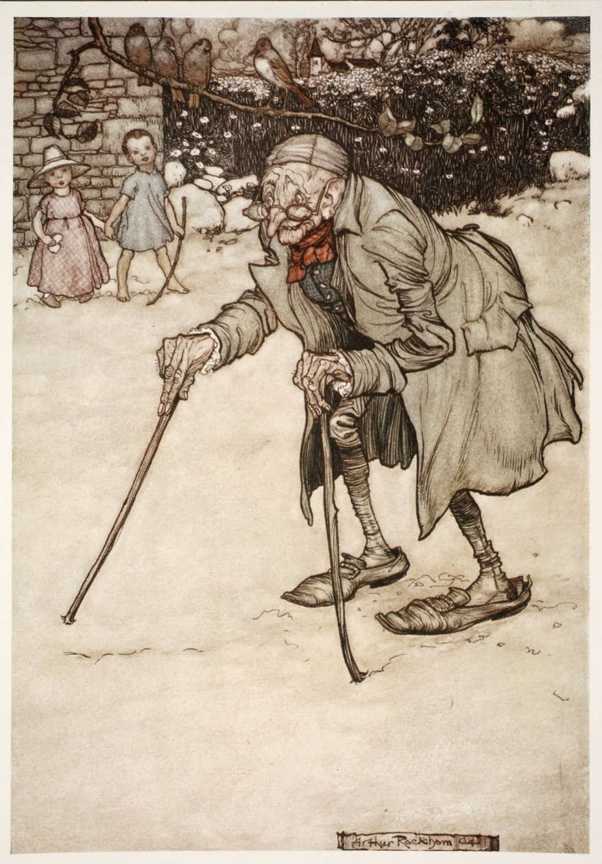 Gammel mand med to pinde, fra Rip Van Winkle af Washington Irving, pub. 1910 af Arthur Rackham