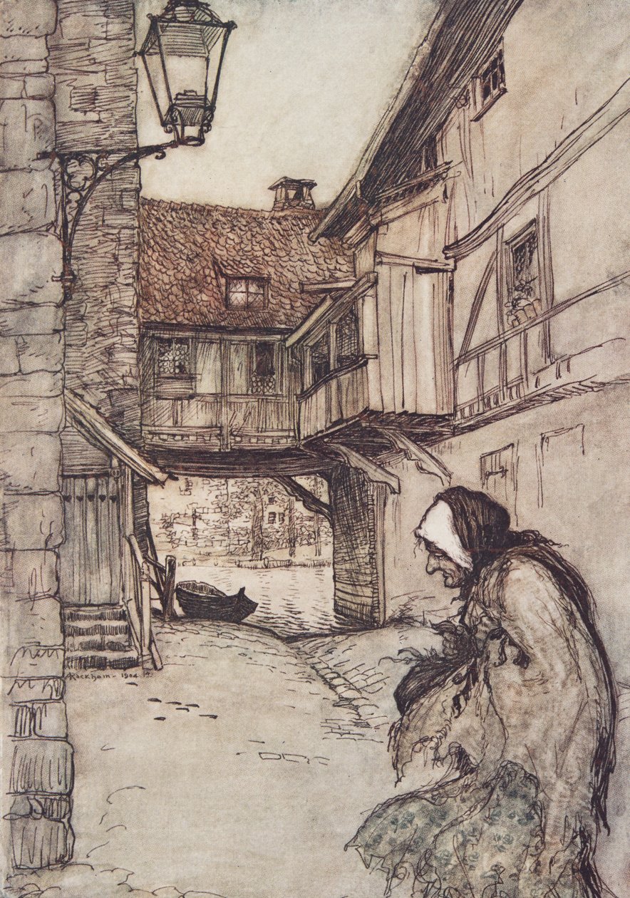 Engang var der en fattig gammel kvinde, der boede i en landsby, fra The Fairy Tales of the Brothers Grimm, pub. 1909 af Arthur Rackham